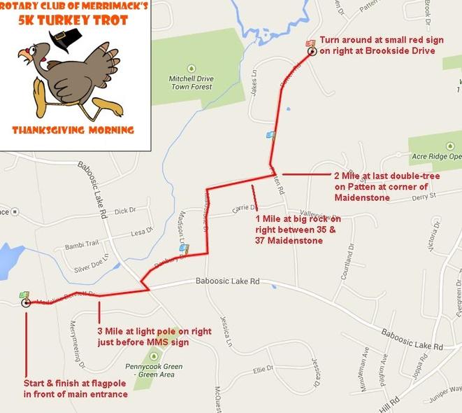 Rotary Club of Merrimack's 5K Turkey Trot Race Course Route Map