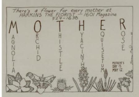 A hand-drawn cartoon of flowers beginning with each of the letters in "MOTHER" with the words written above it