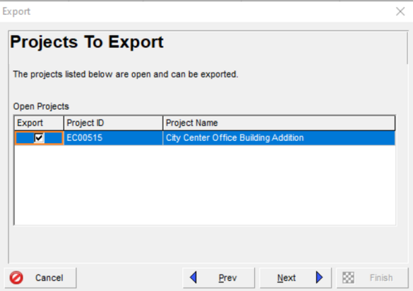 Projects to export in Primavera P6