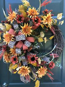 Fall Front Door Grapevine Wreath Mums Sunflower Cattail gold orange yellow