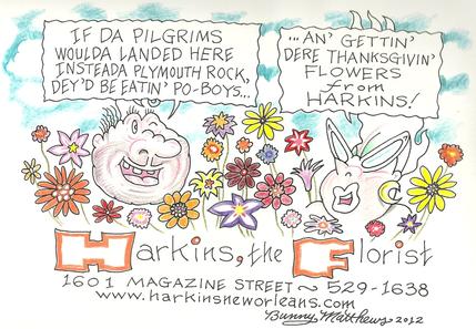 A hand-drawn color cartoon of Vic and Nat'ly saying pilgrims would be eatin' poboys with harkins flowers if they landed here