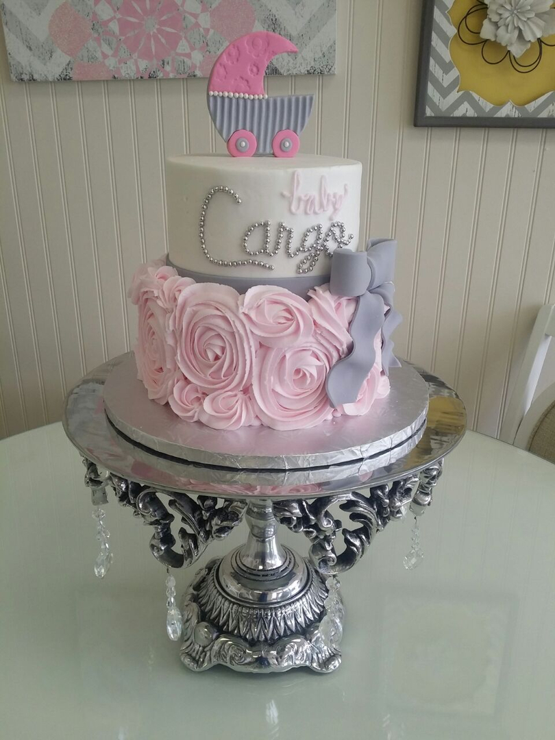 Pink and grey store baby shower cake