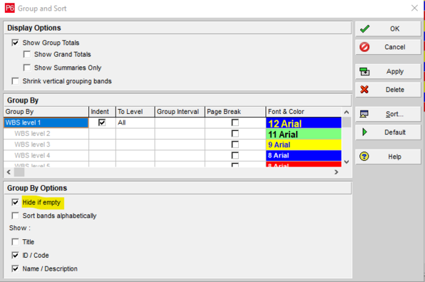 Group and sort in Primavera P6 hide if empty check box