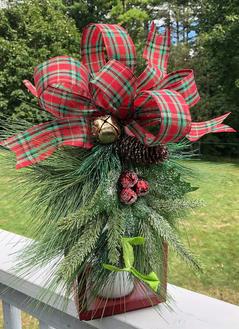 Christmas Lantern Swag Red green plaid ribbon chenille stems pine picks snowy tips pinecones gold bells Winter greenery