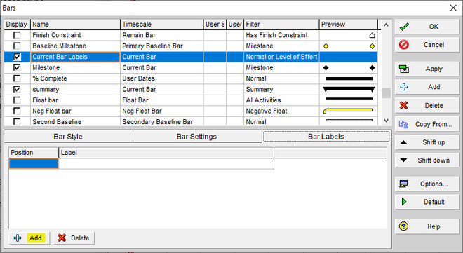 Primavera P6 bars dialog box