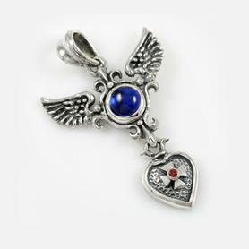 HEART and CROSS with WINGS BLUE SAPPHIRE CORUNDUM & RED GARNET, SILVER PENDANT