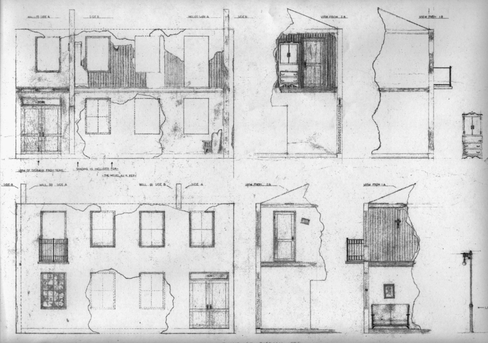 Set design drawing of a WW2 destoyed building set