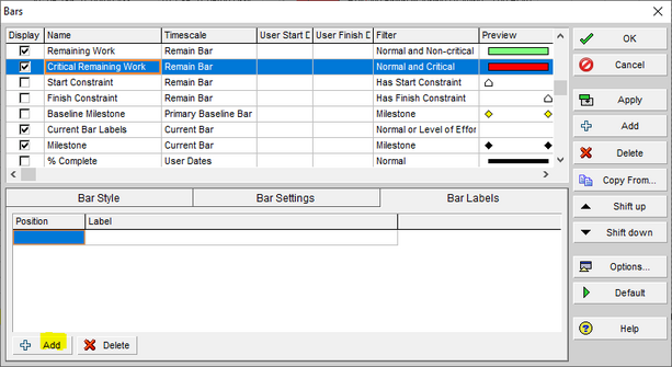 Primavera P6 bars menu and add notebook topic