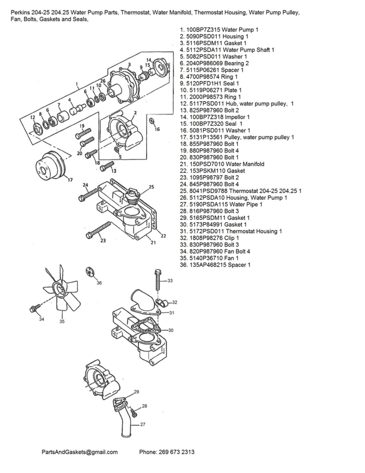 Perkins 204-25 204.25 Water Pump Parts, Thermostat, Water Manifold