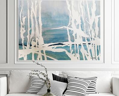 light blue and white abstract art woods scene