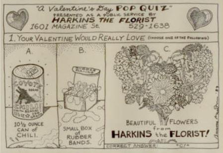 A hand-drawn cartoon of a Valentine's Pop Quiz where you choose your gifts between a chili, rubber bands, or harkins flowers