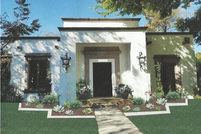 a beautiful landscaping design in san antonio with a stone walkway surrounded by a variety of plants in a flower bed