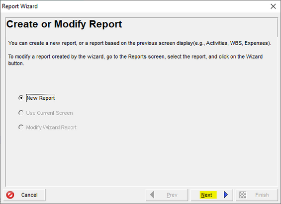 Create new Primavera P6 report in wizard