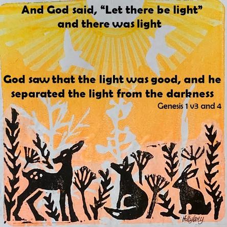 Print of a deer, fox, and hare under a sky filled with sun and birds. Text reads "And God said, "Let there be light" and there was light God saw that the light was good, and he separated the light from the darkness Genesis 1 v3 and 4