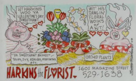 A hand-drawn color cartoon of Vic and Nat'ly next to a flower basket and orchid plant saying to let harkins woo ya sweetheart
