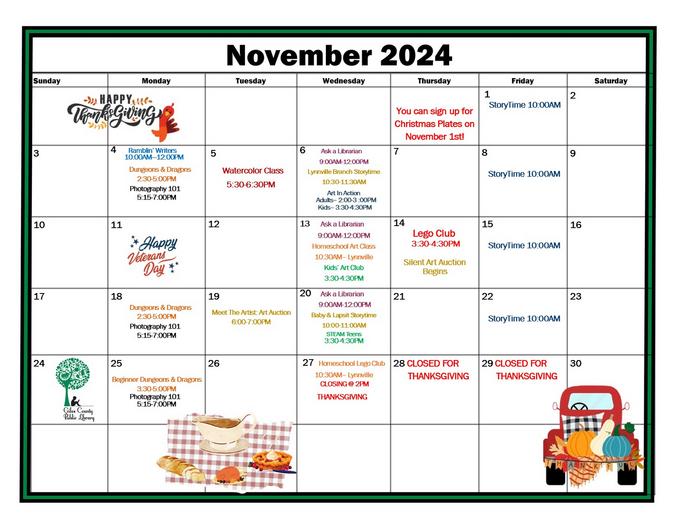 November Calendar of events