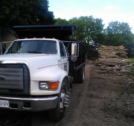 City Loggers delivery truck by stacked logs