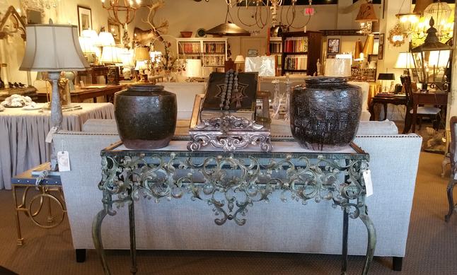 Bespoke iron hummingbird console table new vintage antique chinese jars fired italian book stand lecturn antique roman catholic rosary worry beads authentic vintage antique C. R. Laine sofa bespoke custom