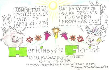 A hand-drawn color cartoon of Vic and Nat'ly's heads next to flowers, stating the dates of Administrative Professionals Week