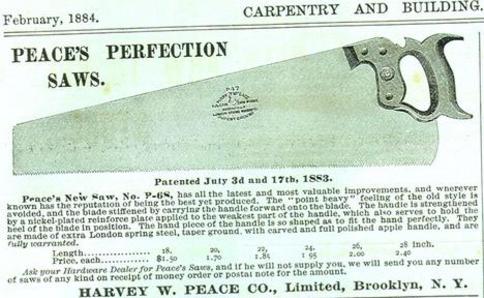 Advertisement for Peace's Perfections Saws from 1884.