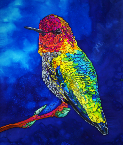 Tracy Harris silk Painting, Hummingbird, Original Silk Painting