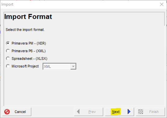 Select Import format in Primavera P6