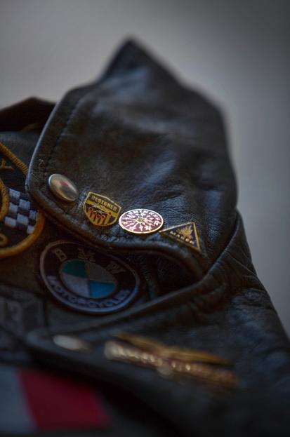 designer leather jacket and badges