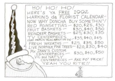 A hand-drawn cartoon of Vic in a tall Santa hat next to the 1992 Christmas price list
