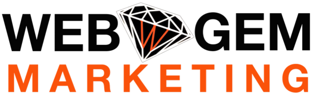 graphic diamond depiction with an orange W slightly tilted to the right with the text WEB GEM in black and MARKETING in orange