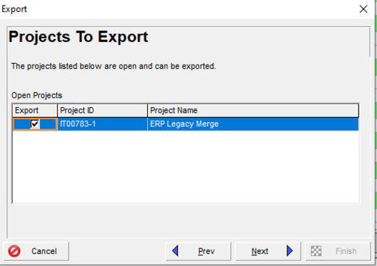 Select Primavera P6 projects to export without cost