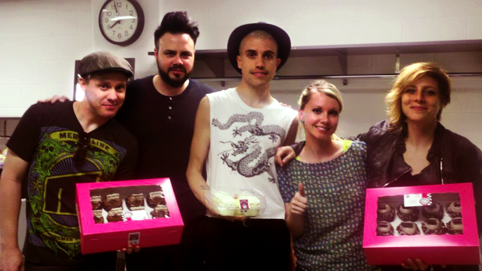 Alternative pop rock band Neon Trees poses with Alyssa and their yummy cupcakes from '83 Sweets!