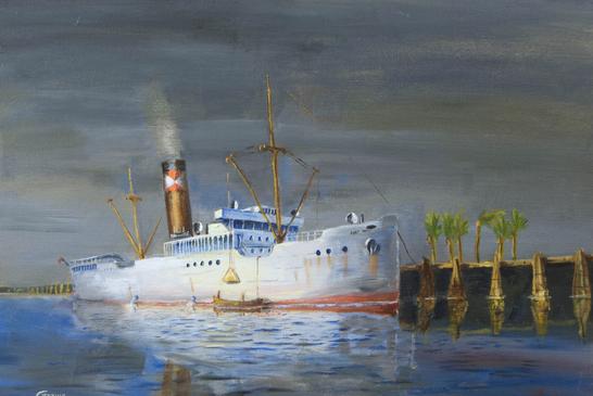 steam ship oil painting refrigerated ship bananas