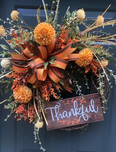 Grapevine Orange Gold Brown Mum Thankful Fall Wreath