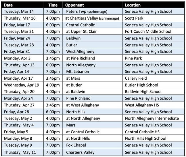 Seneca Valley Junior High 2019 Baseball Schedule