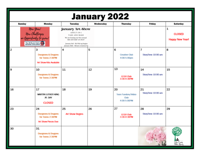 January Calendar of events