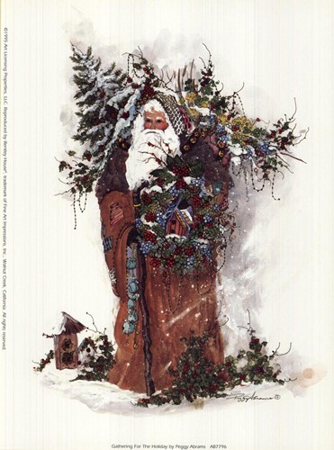 Old World Santa with Reindeer Silver Prismatic Foil Peggy Abrams Christmas Card 