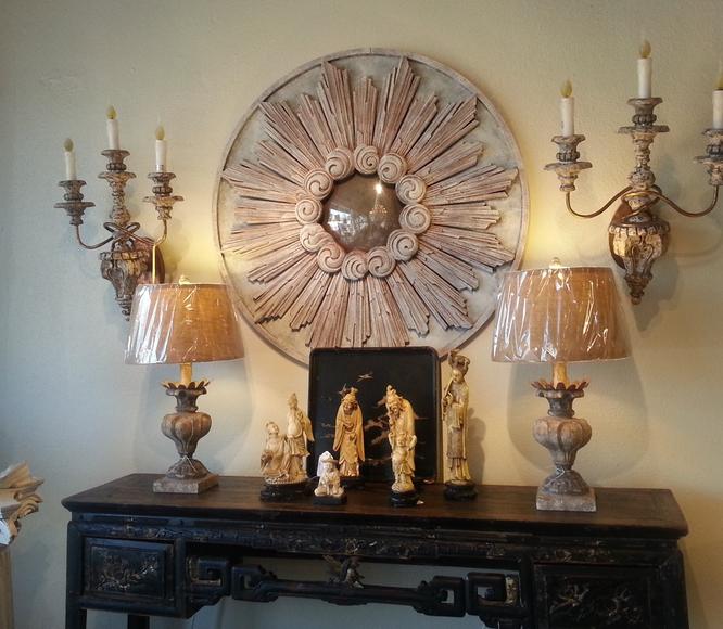 French sunburst mirror wall mercury glass antique vintage urn lamps italian chinese ivory figurines altar antique china sconces italian distressed shabby chic aden grey chinoisie tray