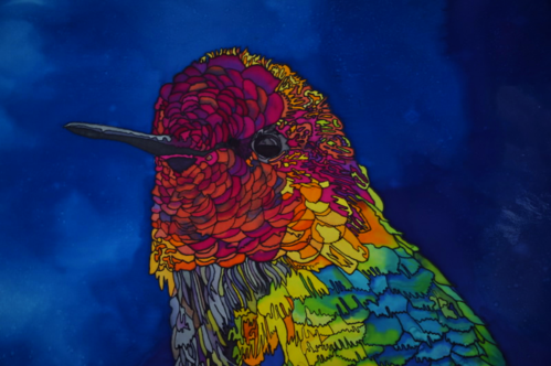Tracy Harris silk Painting, Hummingbird, Detailed Silk Technique