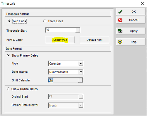 Timescale box shows AaBbYyZz in Primavera P6