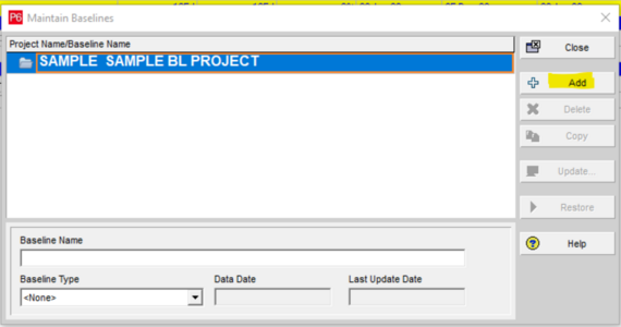 Primavera P6 add baseline