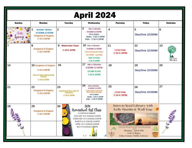 April Calendar of events