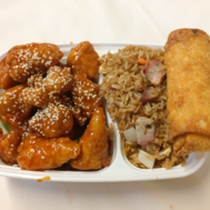 Sesame Chicken Dinner Combination with Pork Fried Rice and Egg Roll