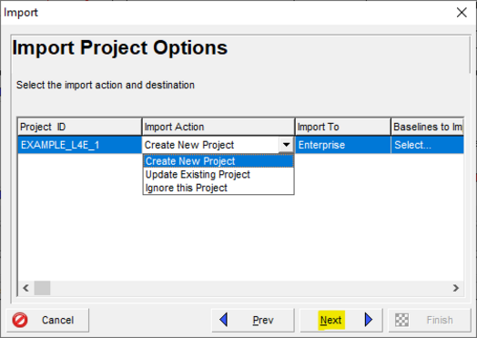 Choose import project options in Primavera P6 pull-down menu