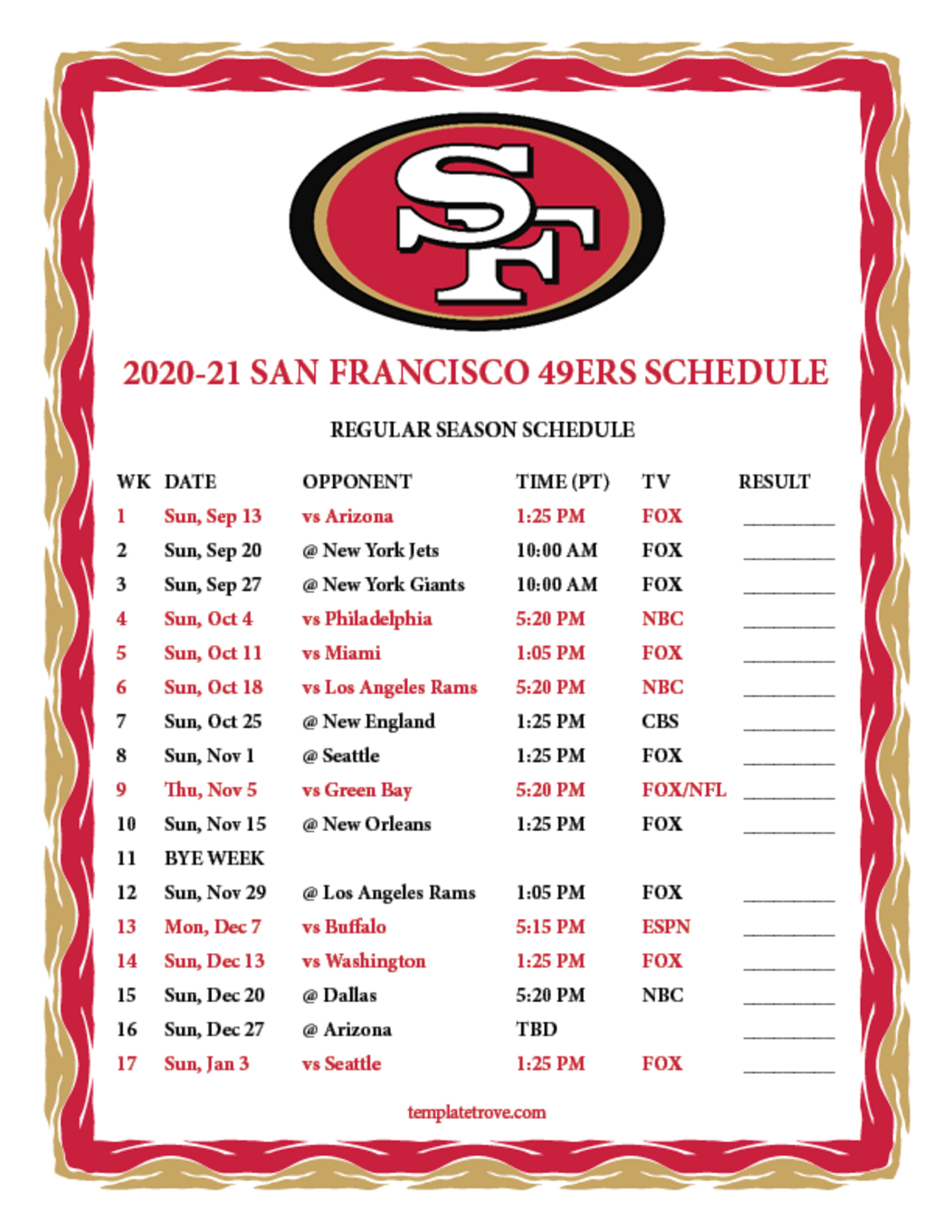 49ers Schedule 20222025 Printable