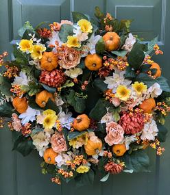 Designer Harvest Thanksgiving Wreath Pumpkins Berries White Yellow Orange Greenery
