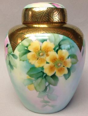 Original Design by Irene Graham Ginger Jar with 3 panels of Wild Roses, Roman gold and Pen work