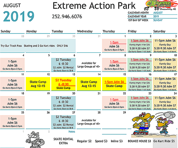 Extreme Action Park CalendarExtreme Action Park Skating Rink, Go