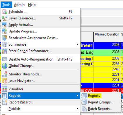 Go to reports under Primavera P6 tools tab