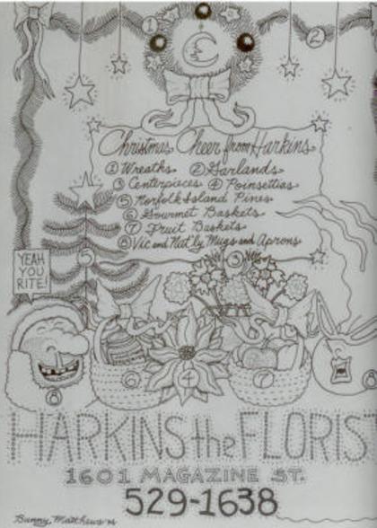 A hand-drawn cartoon of Santa Vic and Nat'ly surrounded by harkins' holiday products and listings