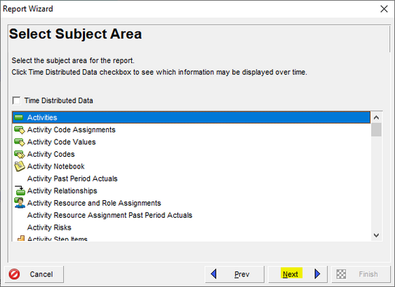 Select subject area in Primavera P6 report wizard